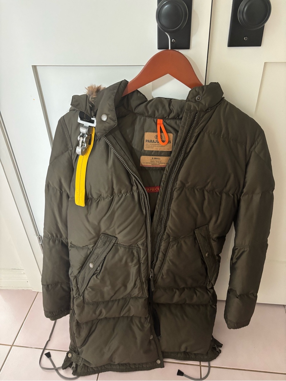Parajumpers Olive Green Puffer Coat with Yellow Pull Tab